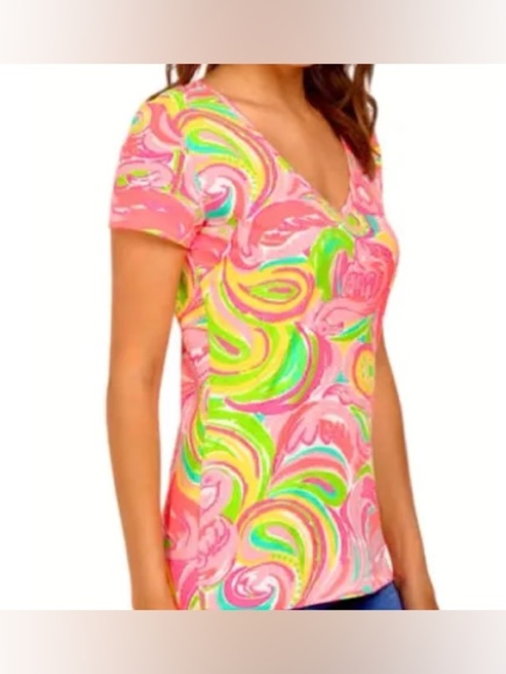 Lilly Pulitzer Michele Top pink and green "All Nighter" flamingo Print Small